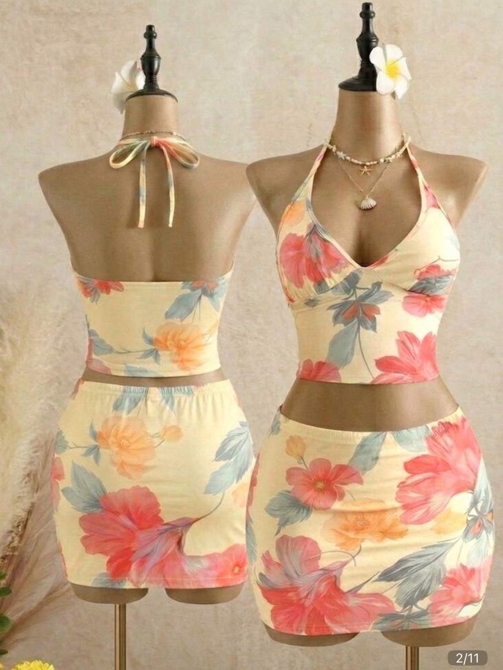 SHEIN Yellow Floral Halter Crop Top & Mini Skirt Set